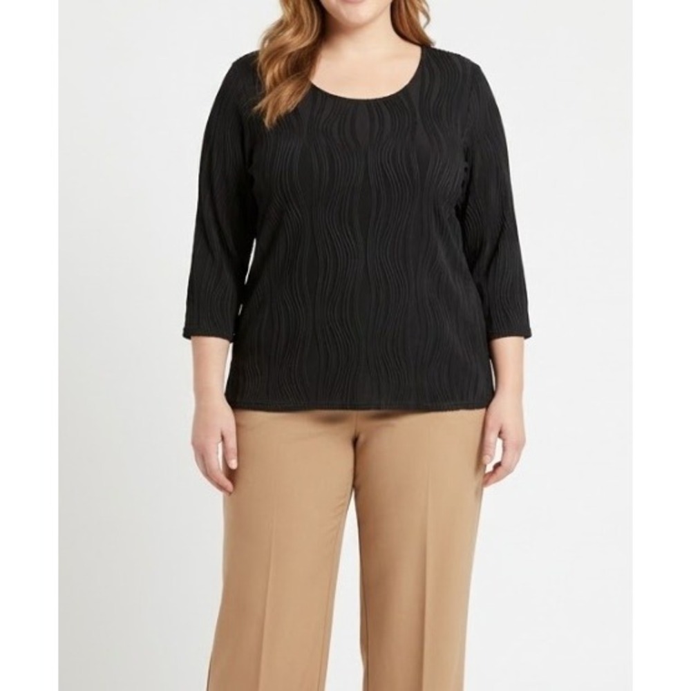 New Attitudes by Renee Top XL Black Textured Wavy Knit Scoop Neck 3/4 Sleeve